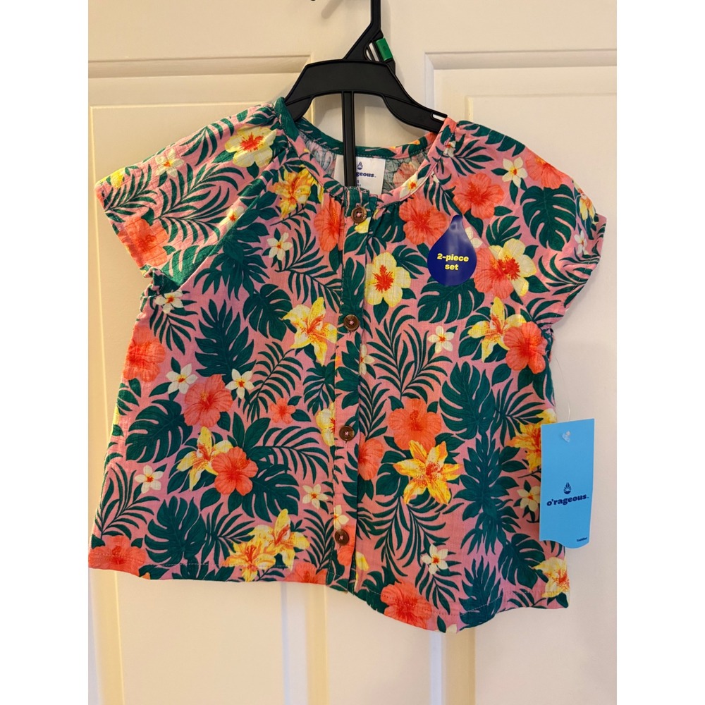 O'rageous Girls Pink Tropical Floral Cotton Gauze 2-Piece Short Set Size 5